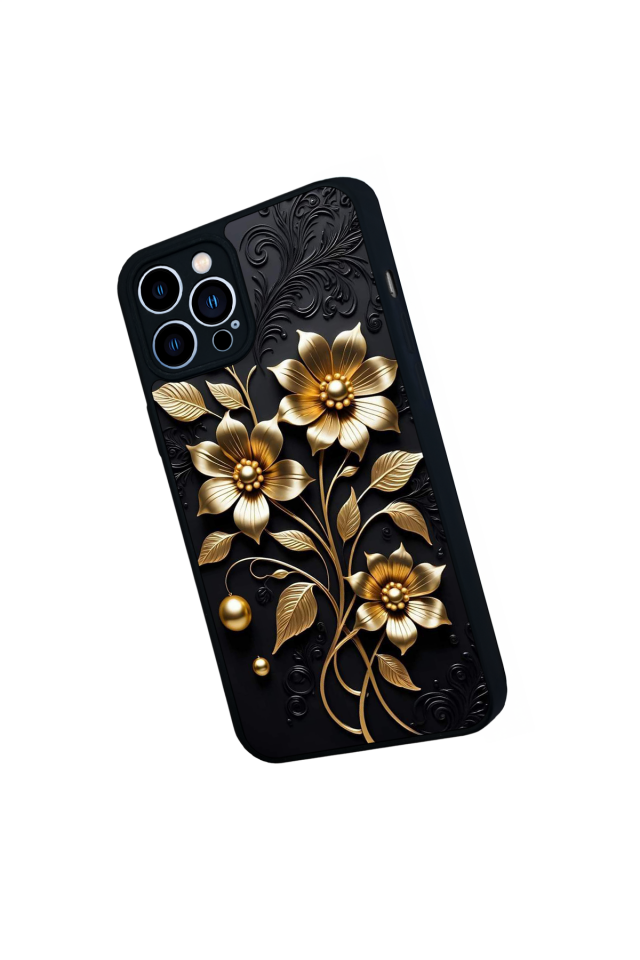 iPhone 13 Pro Max Uyumlu Yaldizli Cicek Tasarımlı Glossy Premium Kılıf