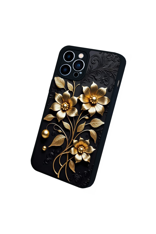 iPhone 13 Pro Max Uyumlu Yaldizli Cicek Tasarımlı Glossy Premium Kılıf