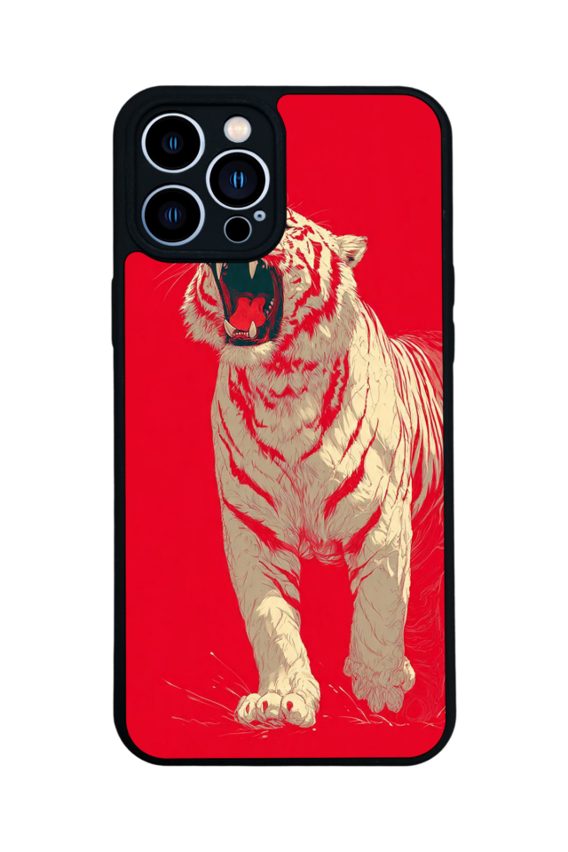 iPhone 13 Pro Max Uyumlu Kirmizi ve Kaplan Tasarımlı Glossy Premium Kılıf