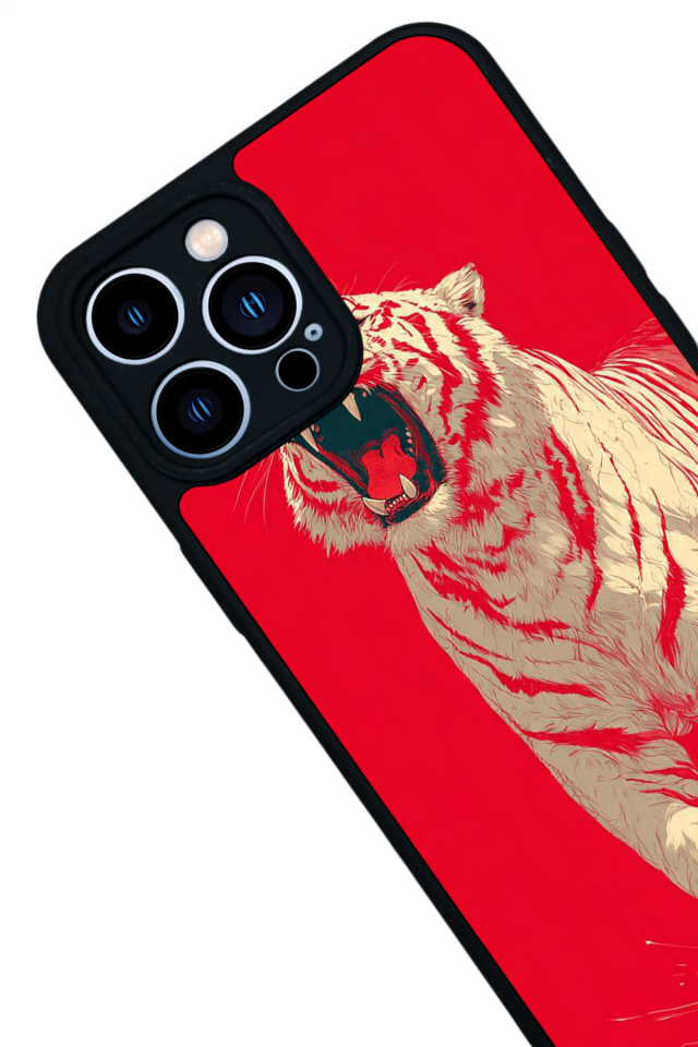 iPhone 13 Pro Max Uyumlu Kirmizi ve Kaplan Tasarımlı Glossy Premium Kılıf