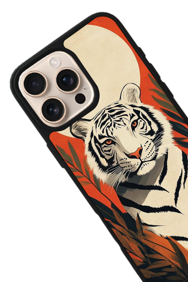 iPhone 14 Pro Max Uyumlu Kirmizi ve Kaplan Tasarımlı Glossy Premium Kılıf