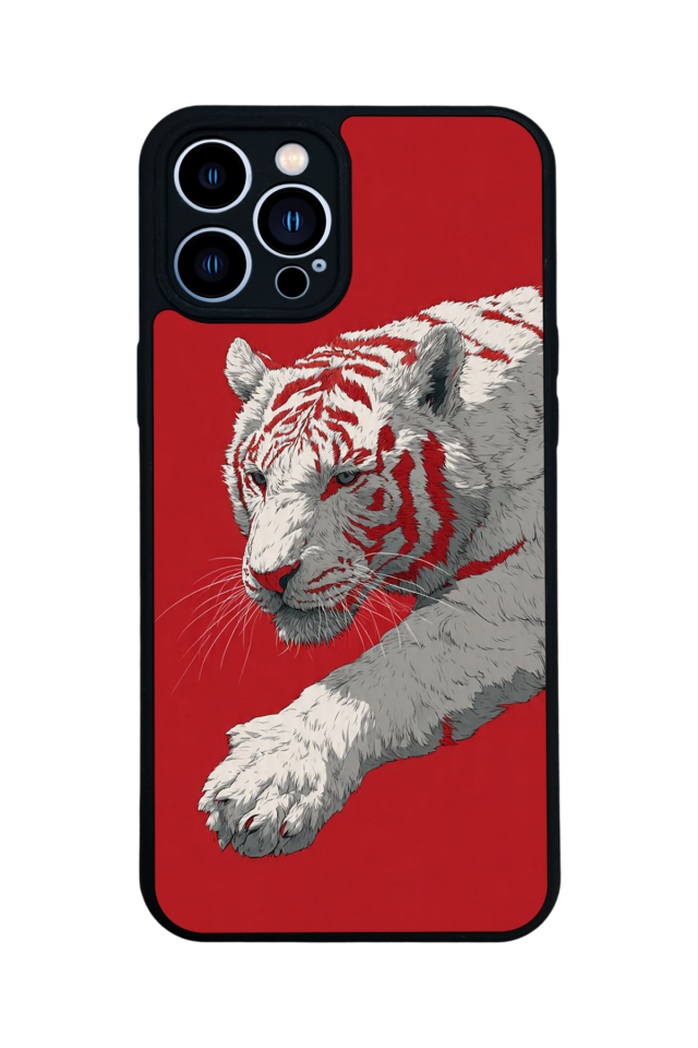 iPhone 13 Pro Max Uyumlu Kirmizi ve Kaplan Tasarımlı Glossy Premium Kılıf