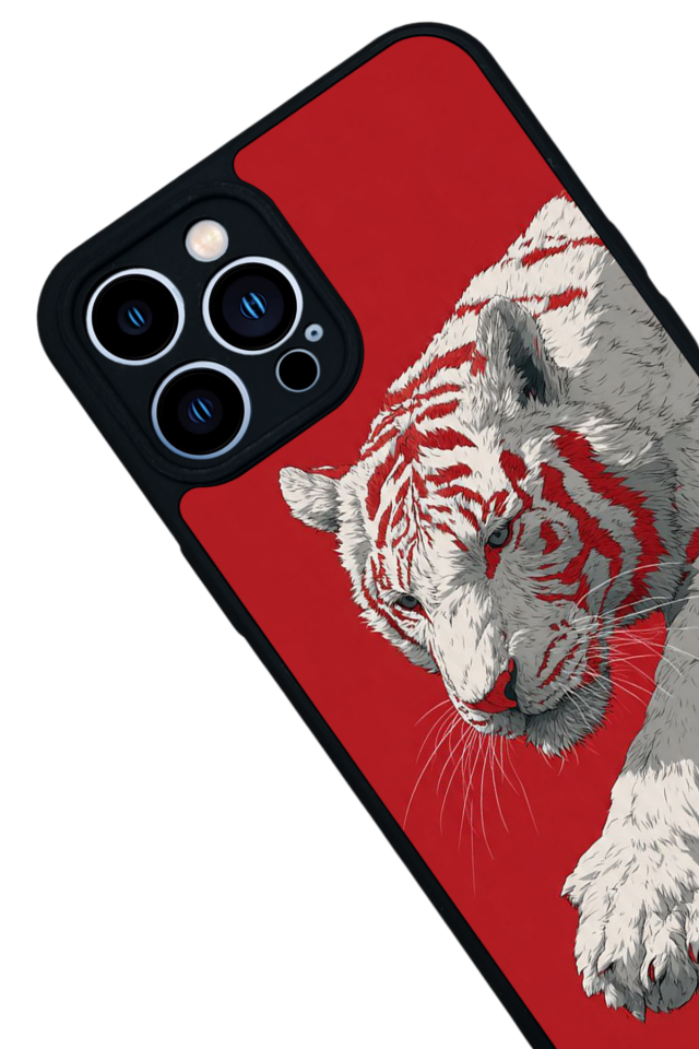 iPhone 13 Pro Max Uyumlu Kirmizi ve Kaplan Tasarımlı Glossy Premium Kılıf