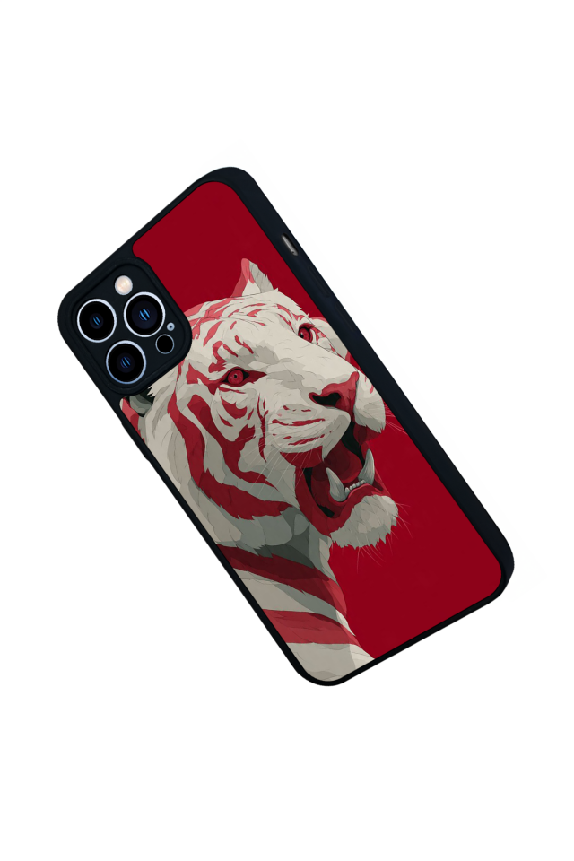 iPhone 13 Pro Max Uyumlu Kirmizi ve Kaplan Tasarımlı Glossy Premium Kılıf