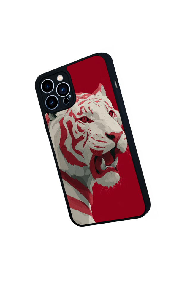iPhone 13 Pro Max Uyumlu Kirmizi ve Kaplan Tasarımlı Glossy Premium Kılıf