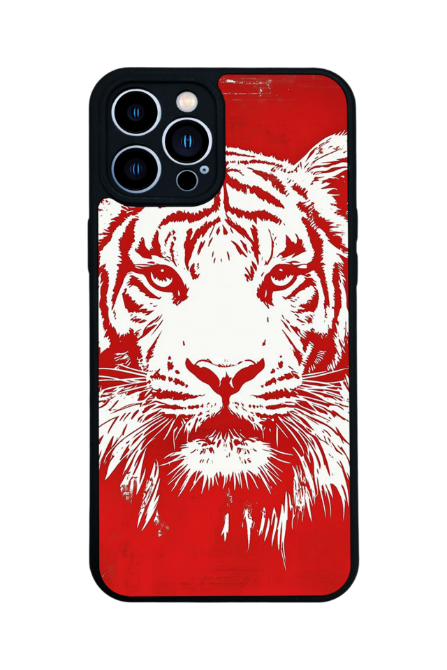 iPhone 13 Pro Max Uyumlu Kirmizi ve Kaplan Tasarımlı Glossy Premium Kılıf