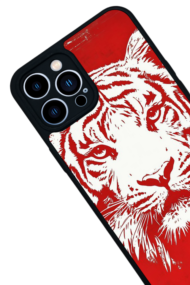 iPhone 13 Pro Max Uyumlu Kirmizi ve Kaplan Tasarımlı Glossy Premium Kılıf