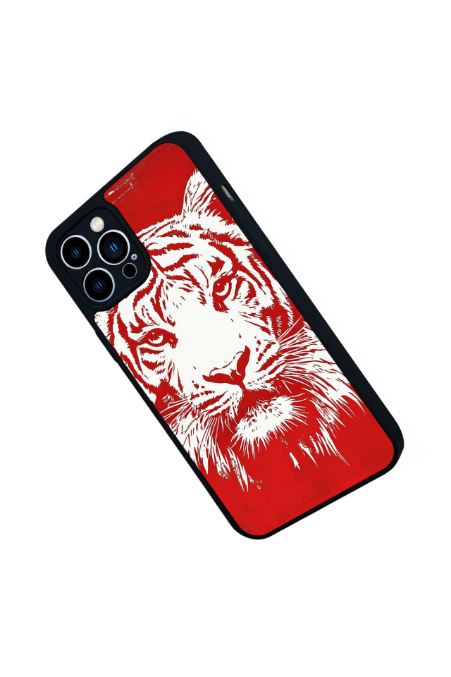 iPhone 13 Pro Max Uyumlu Kirmizi ve Kaplan Tasarımlı Glossy Premium Kılıf