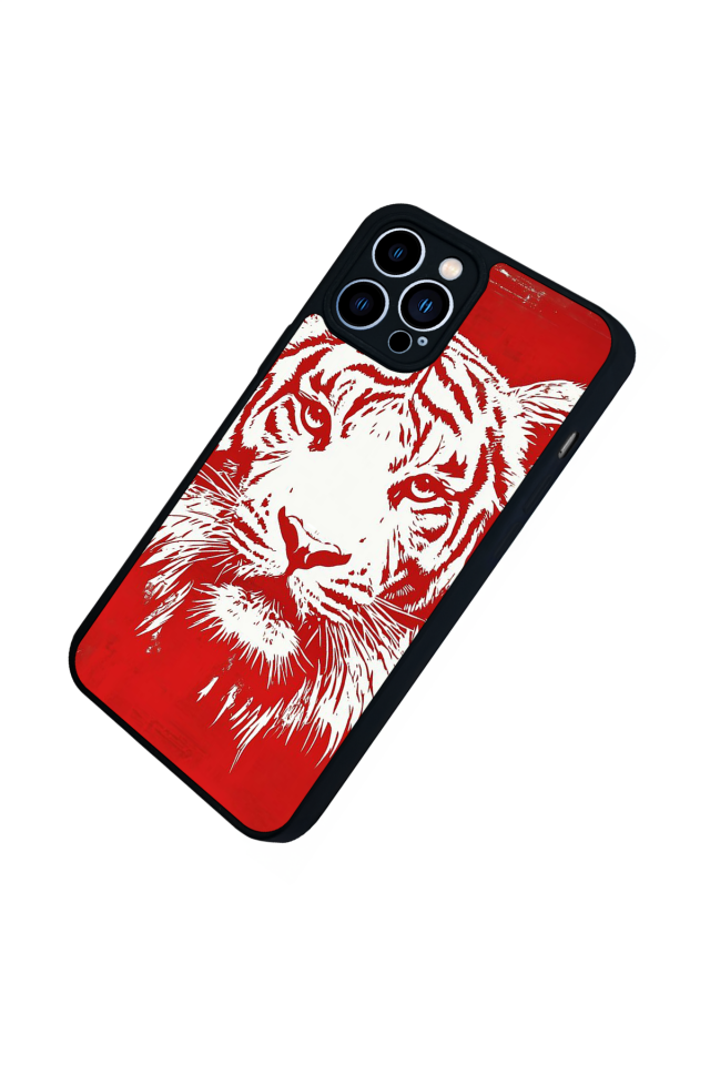 iPhone 13 Pro Max Uyumlu Kirmizi ve Kaplan Tasarımlı Glossy Premium Kılıf