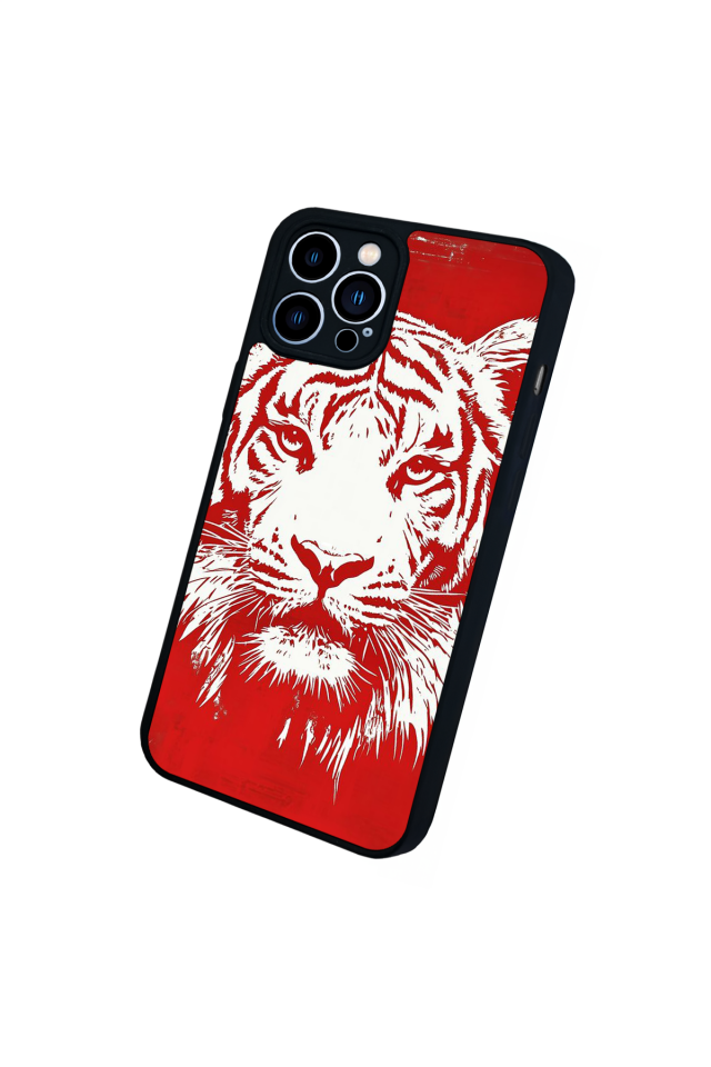 iPhone 13 Pro Max Uyumlu Kirmizi ve Kaplan Tasarımlı Glossy Premium Kılıf