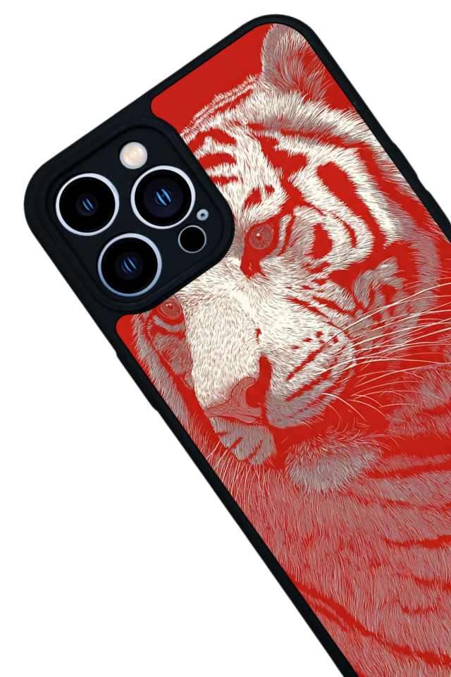 iPhone 13 Pro Max Uyumlu Kirmizi ve Kaplan Tasarımlı Glossy Premium Kılıf