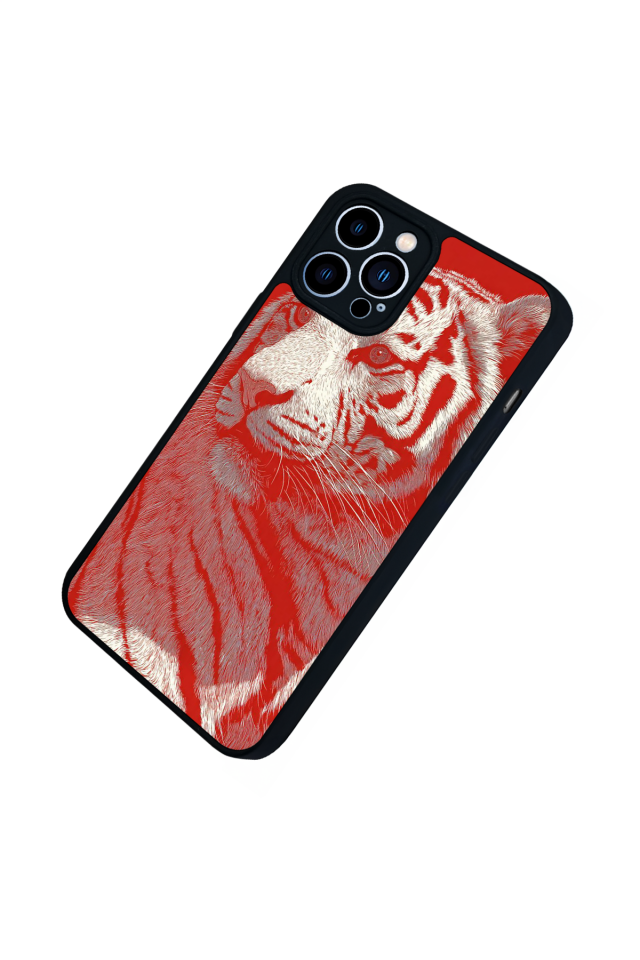 iPhone 13 Pro Max Uyumlu Kirmizi ve Kaplan Tasarımlı Glossy Premium Kılıf