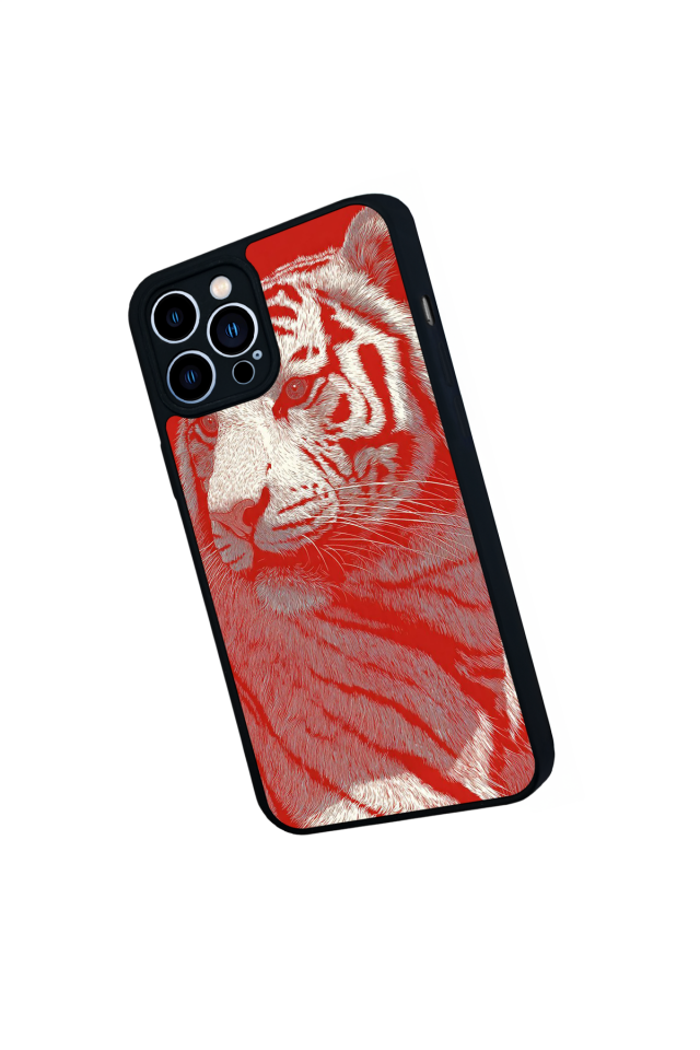 iPhone 13 Pro Max Uyumlu Kirmizi ve Kaplan Tasarımlı Glossy Premium Kılıf