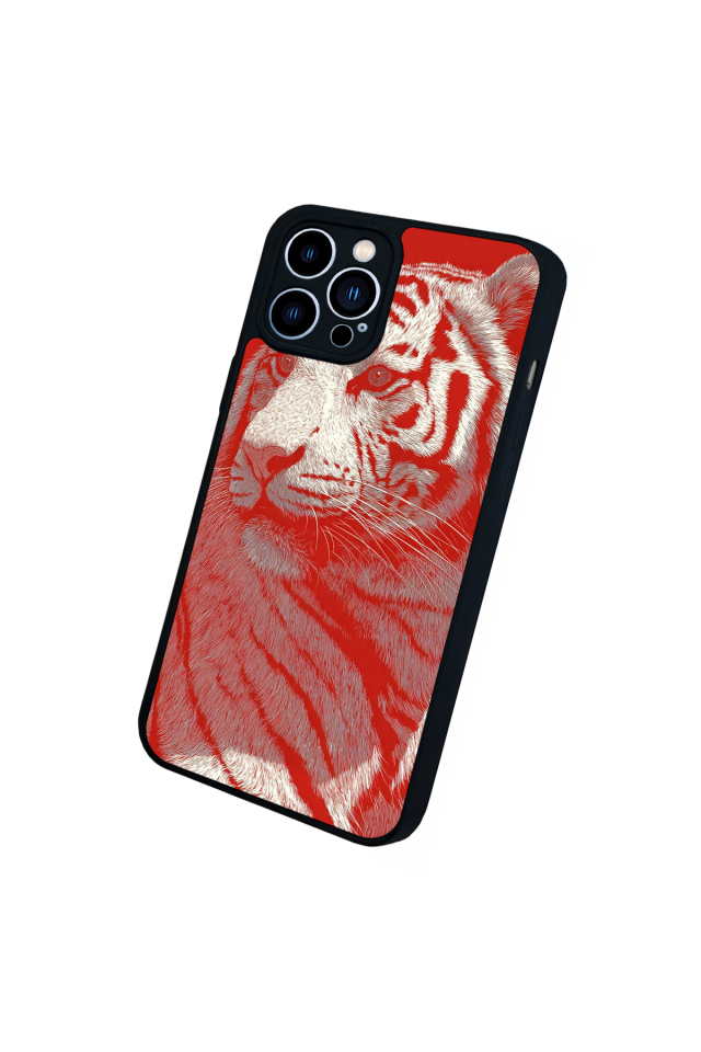 iPhone 13 Pro Max Uyumlu Kirmizi ve Kaplan Tasarımlı Glossy Premium Kılıf