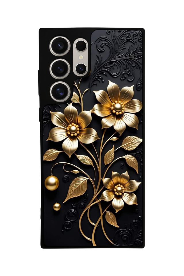 Samsung Galaxy S24 Ultra Uyumlu Yaldizli Cicek Tasarımlı Glossy Premium Kılıf
