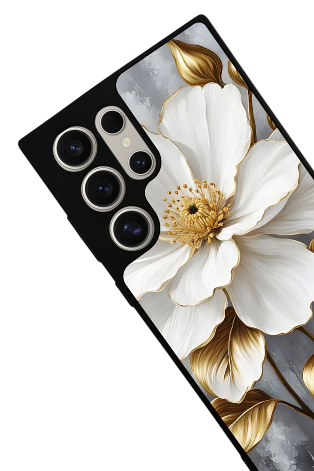 Samsung Galaxy S22 Ultra Uyumlu Yaldizli Cicek Tasarımlı Glossy Premium Kılıf