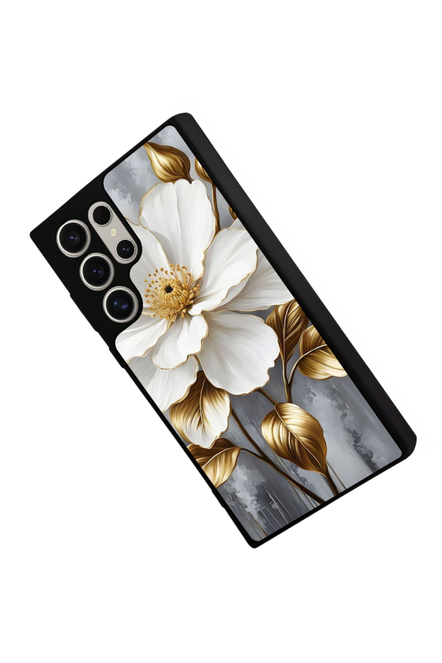 Samsung Galaxy S22 Ultra Uyumlu Yaldizli Cicek Tasarımlı Glossy Premium Kılıf