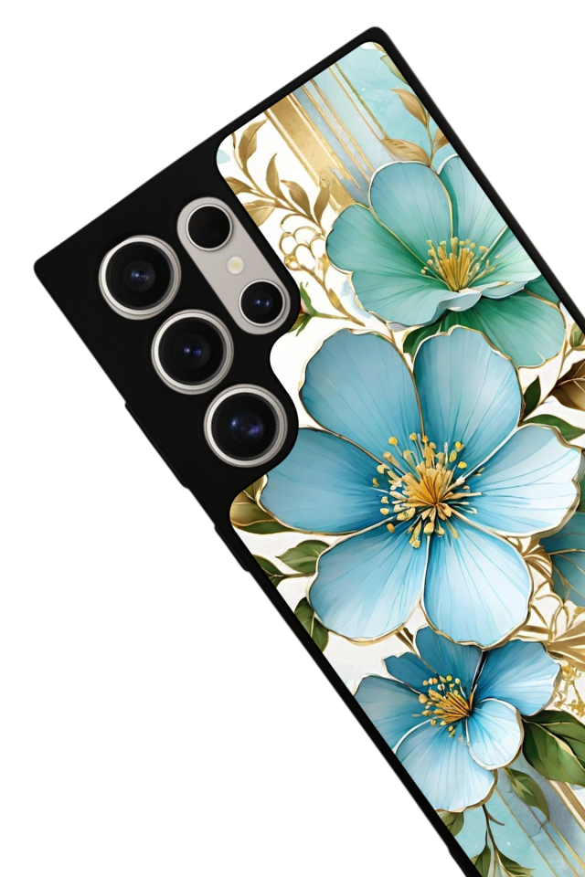 Samsung Galaxy S22 Ultra Uyumlu Yaldizli Cicek Tasarımlı Glossy Premium Kılıf