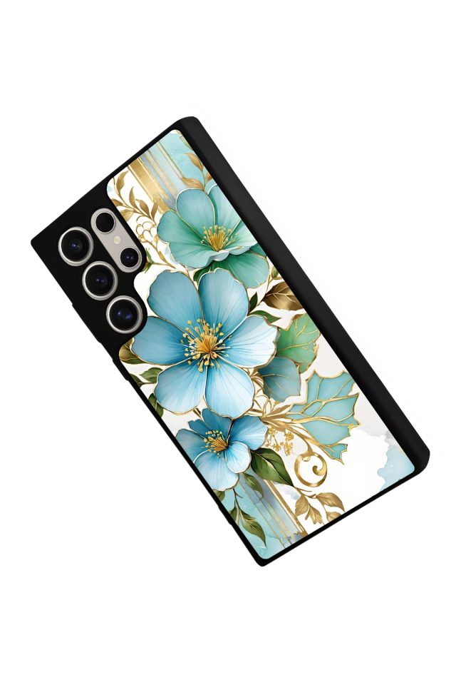 Samsung Galaxy S22 Ultra Uyumlu Yaldizli Cicek Tasarımlı Glossy Premium Kılıf