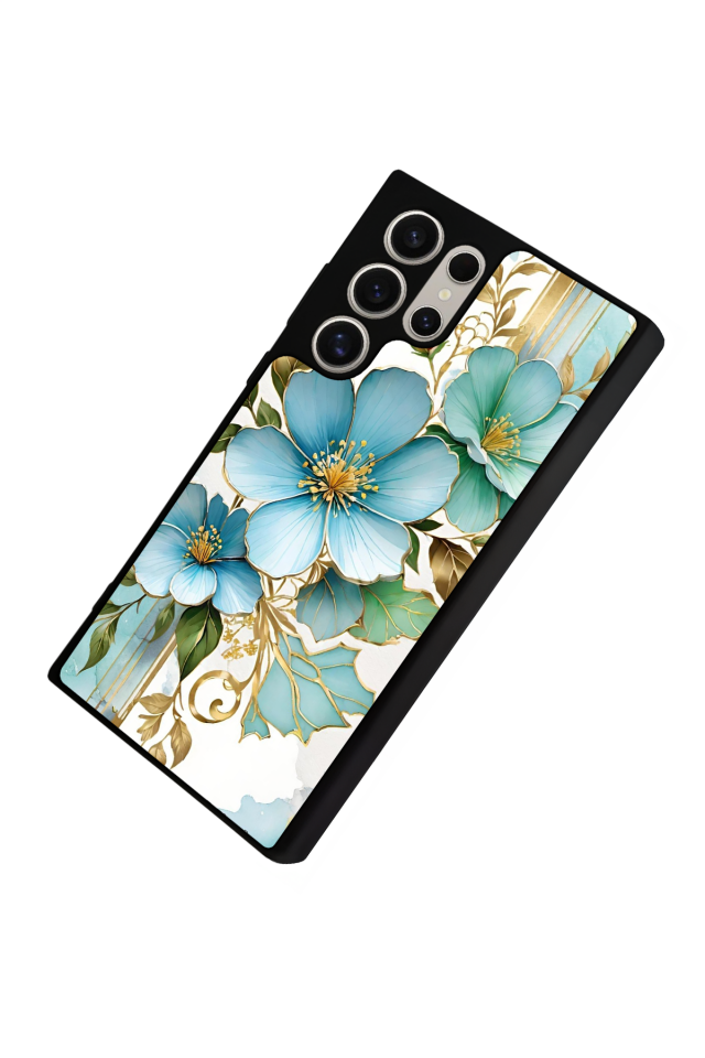 Samsung Galaxy S22 Ultra Uyumlu Yaldizli Cicek Tasarımlı Glossy Premium Kılıf