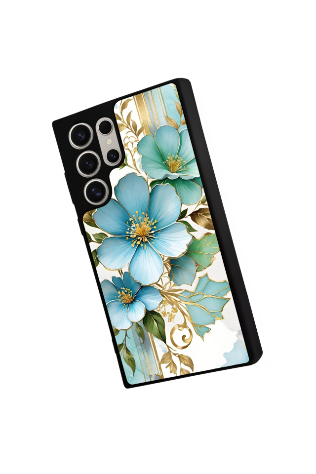 Samsung Galaxy S22 Ultra Uyumlu Yaldizli Cicek Tasarımlı Glossy Premium Kılıf