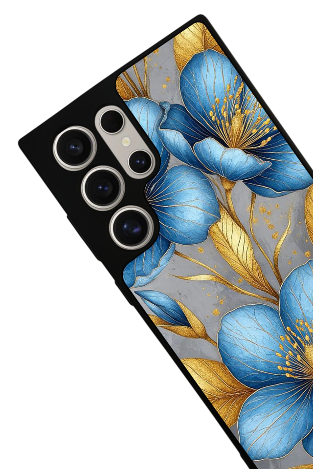 Samsung Galaxy S22 Ultra Uyumlu Yaldizli Cicek Tasarımlı Glossy Premium Kılıf