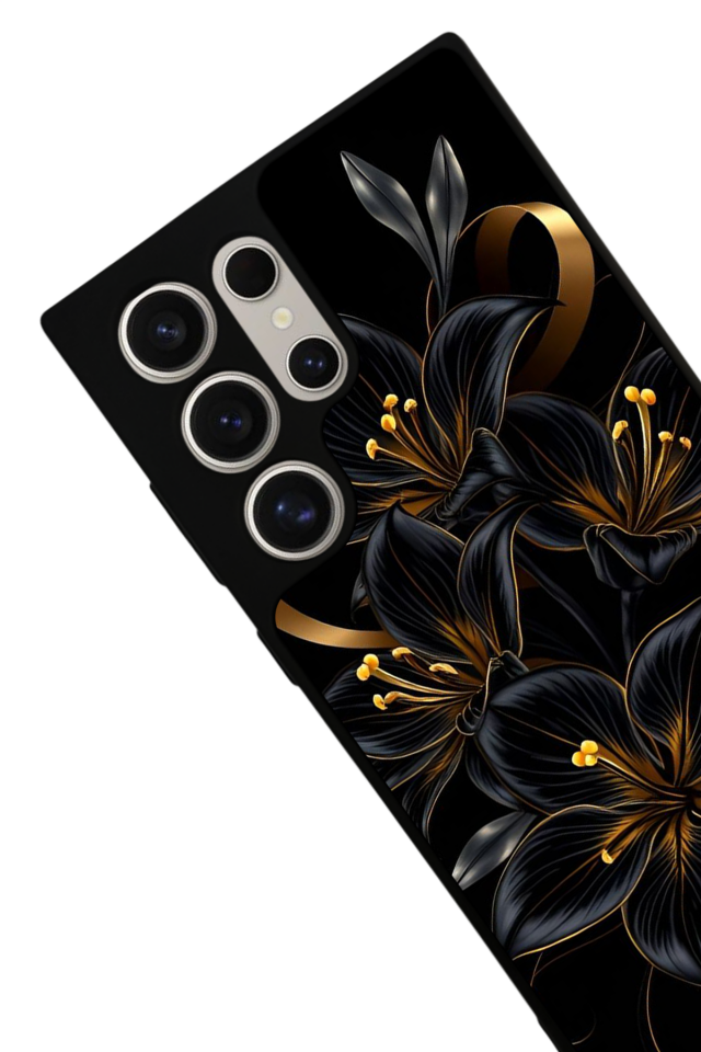 Samsung Galaxy S22 Ultra Uyumlu Yaldizli Cicek Tasarımlı Glossy Premium Kılıf