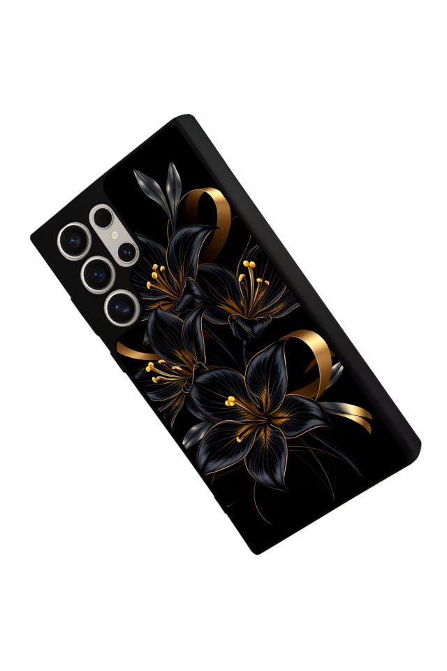 Samsung Galaxy S22 Ultra Uyumlu Yaldizli Cicek Tasarımlı Glossy Premium Kılıf