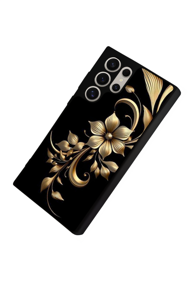 Samsung Galaxy S22 Ultra Uyumlu Yaldizli Cicek Tasarımlı Glossy Premium Kılıf