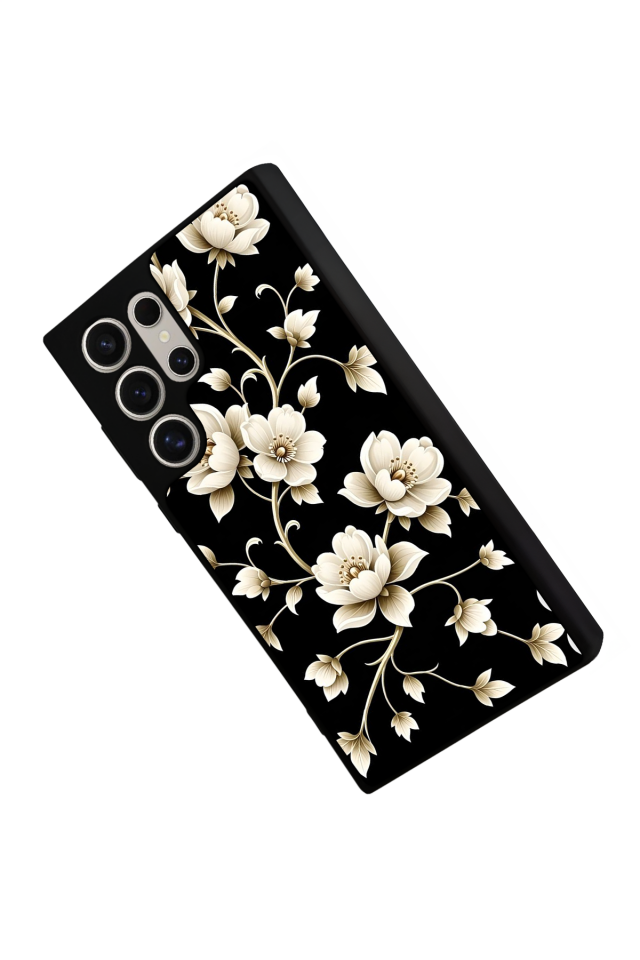 Samsung Galaxy S22 Ultra Uyumlu Yaldizli Cicek Tasarımlı Glossy Premium Kılıf