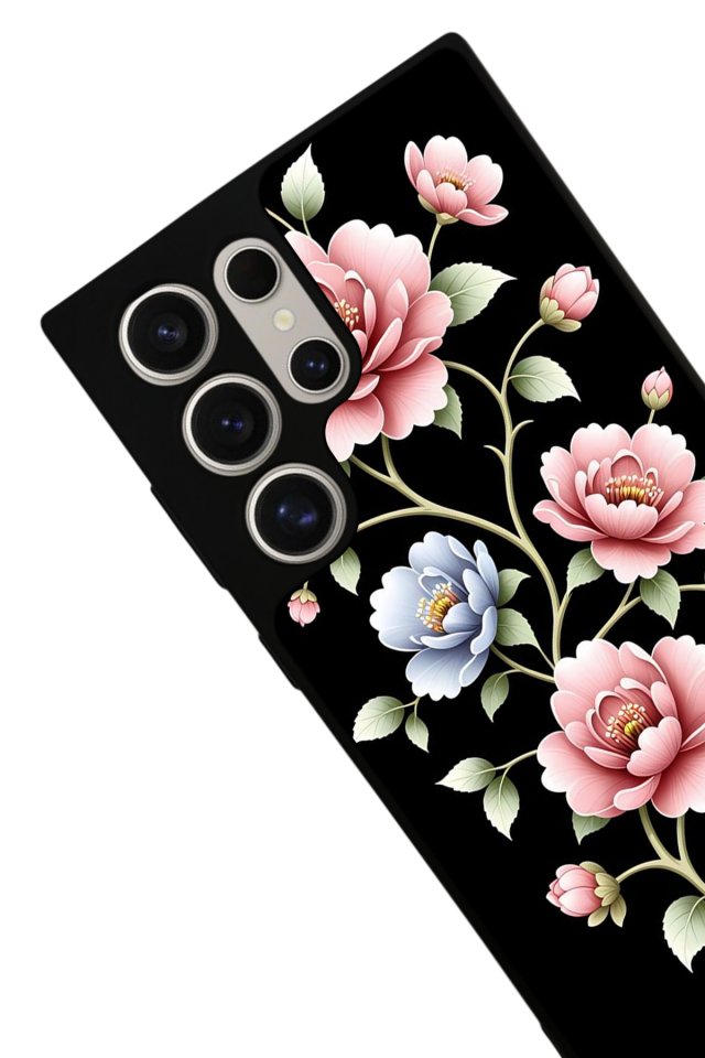 Samsung Galaxy S22 Ultra Uyumlu Yaldizli Cicek Tasarımlı Glossy Premium Kılıf