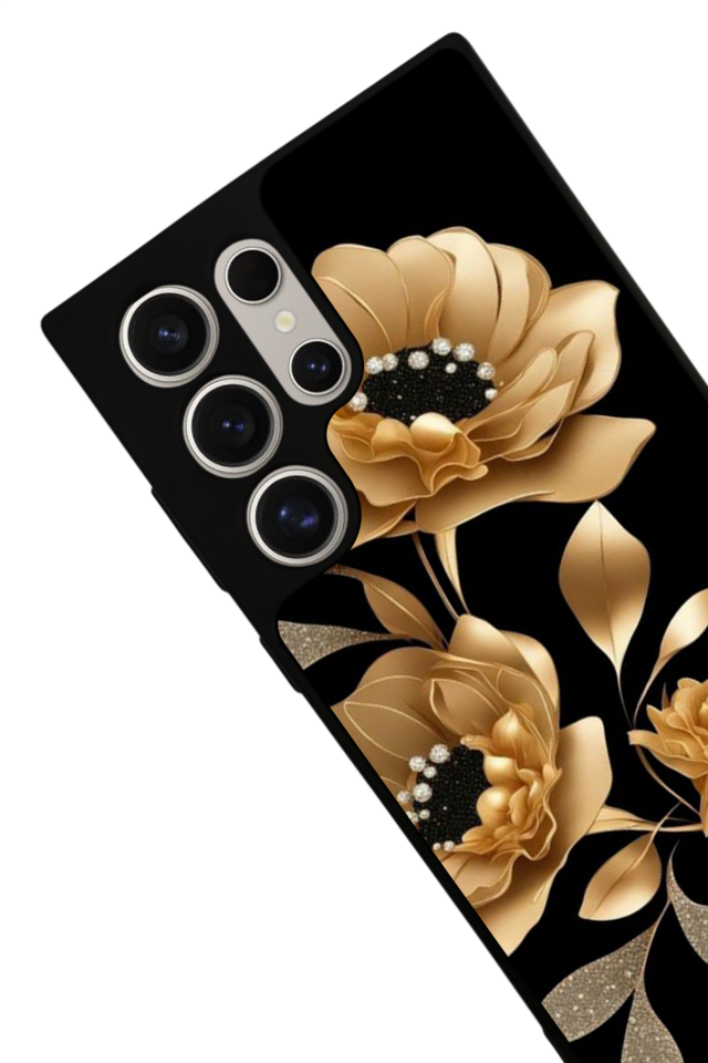 Samsung Galaxy S22 Ultra Uyumlu Yaldizli Cicek Tasarımlı Glossy Premium Kılıf