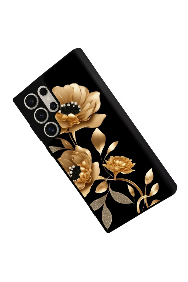 Samsung Galaxy S22 Ultra Uyumlu Yaldizli Cicek Tasarımlı Glossy Premium Kılıf