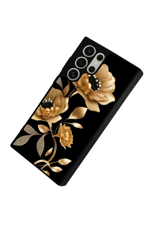 Samsung Galaxy S22 Ultra Uyumlu Yaldizli Cicek Tasarımlı Glossy Premium Kılıf