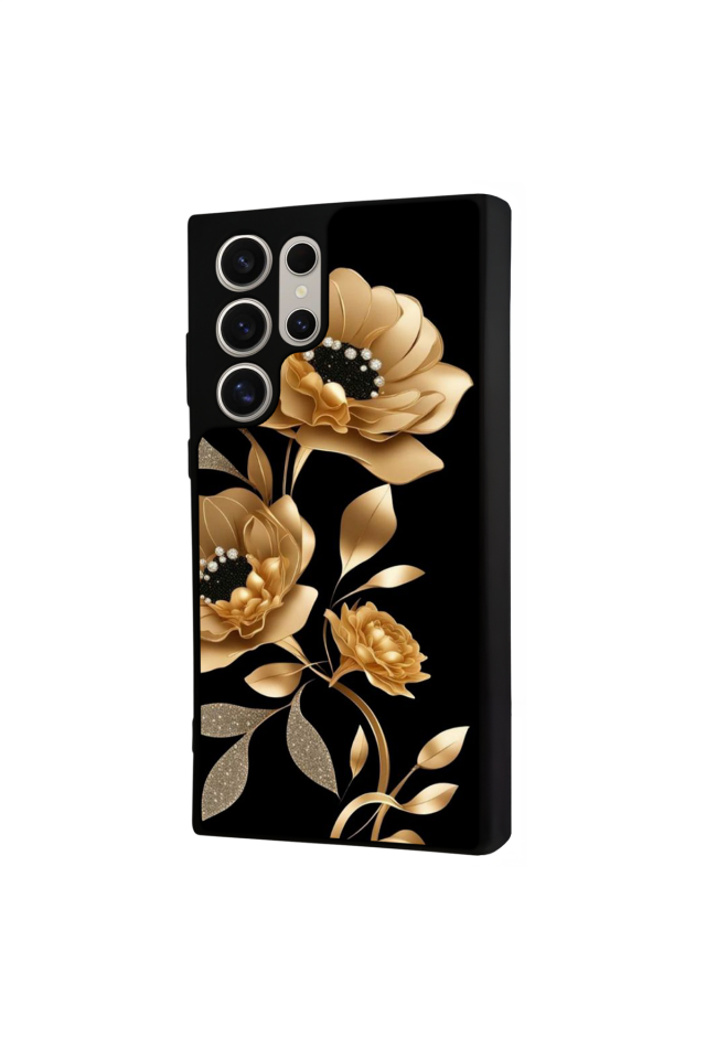 Samsung Galaxy S22 Ultra Uyumlu Yaldizli Cicek Tasarımlı Glossy Premium Kılıf