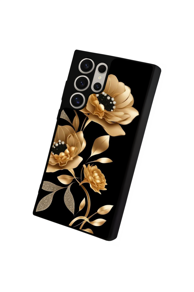 Samsung Galaxy S22 Ultra Uyumlu Yaldizli Cicek Tasarımlı Glossy Premium Kılıf
