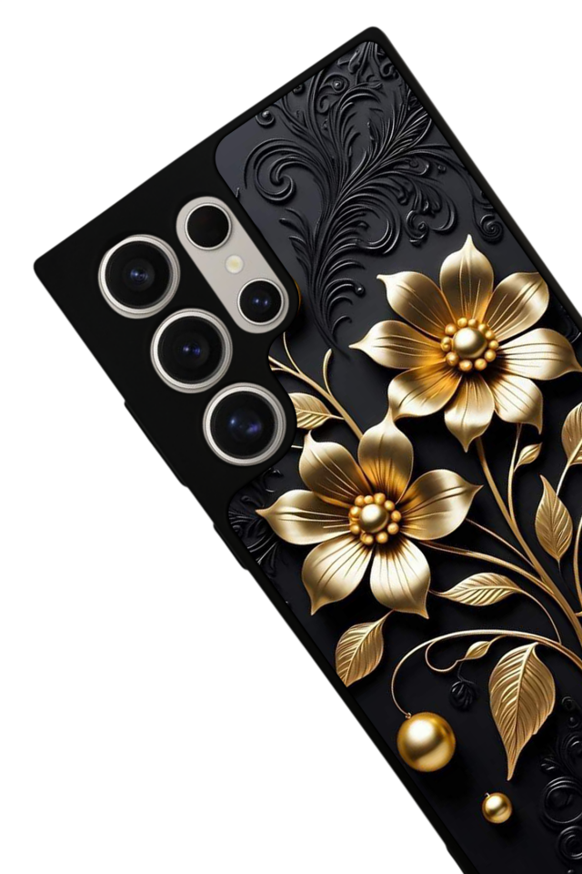 Samsung Galaxy S22 Ultra Uyumlu Yaldizli Cicek Tasarımlı Glossy Premium Kılıf