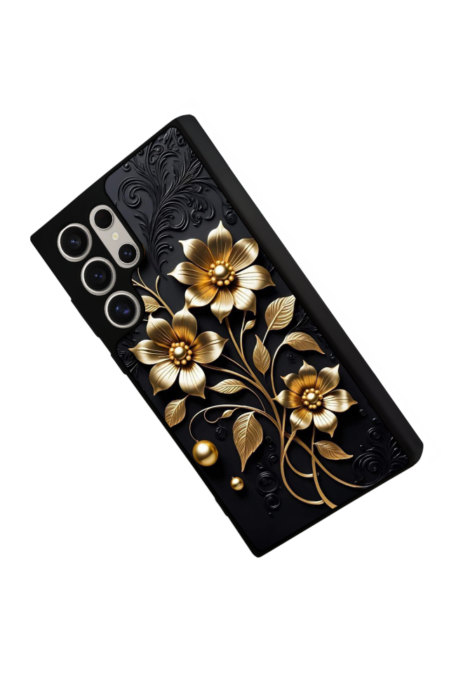 Samsung Galaxy S22 Ultra Uyumlu Yaldizli Cicek Tasarımlı Glossy Premium Kılıf