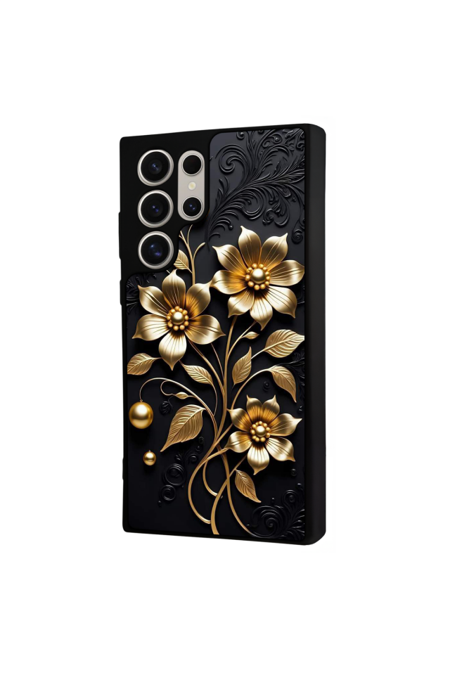 Samsung Galaxy S22 Ultra Uyumlu Yaldizli Cicek Tasarımlı Glossy Premium Kılıf