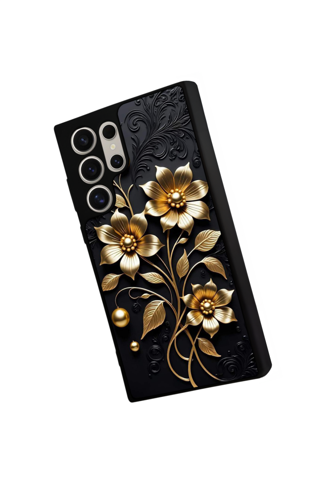 Samsung Galaxy S22 Ultra Uyumlu Yaldizli Cicek Tasarımlı Glossy Premium Kılıf