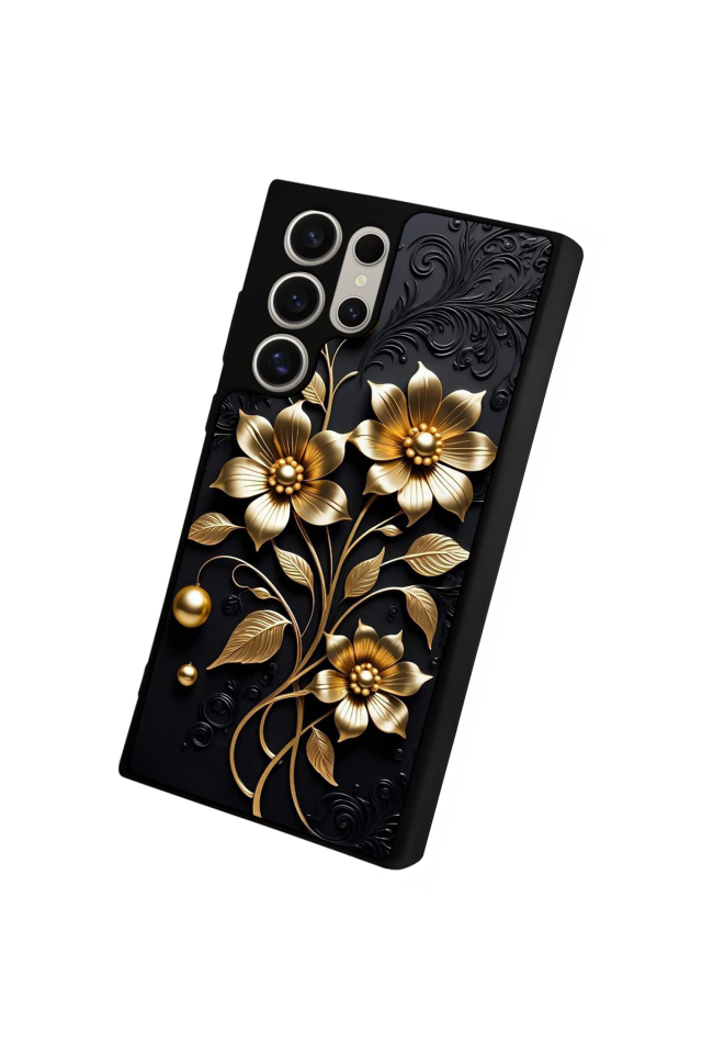 Samsung Galaxy S22 Ultra Uyumlu Yaldizli Cicek Tasarımlı Glossy Premium Kılıf