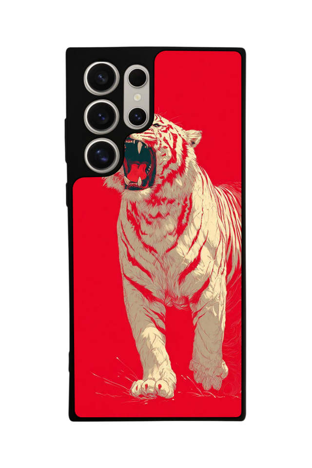 Samsung Galaxy S22 Ultra Uyumlu Kirmizi ve Kaplan Tasarımlı Glossy Premium Kılıf