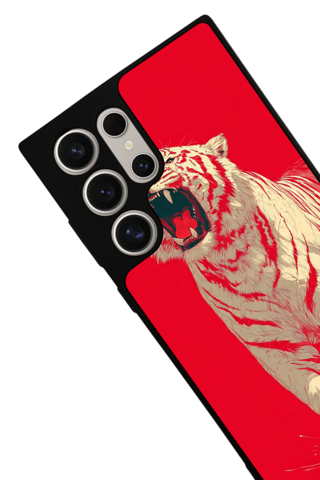 Samsung Galaxy S22 Ultra Uyumlu Kirmizi ve Kaplan Tasarımlı Glossy Premium Kılıf