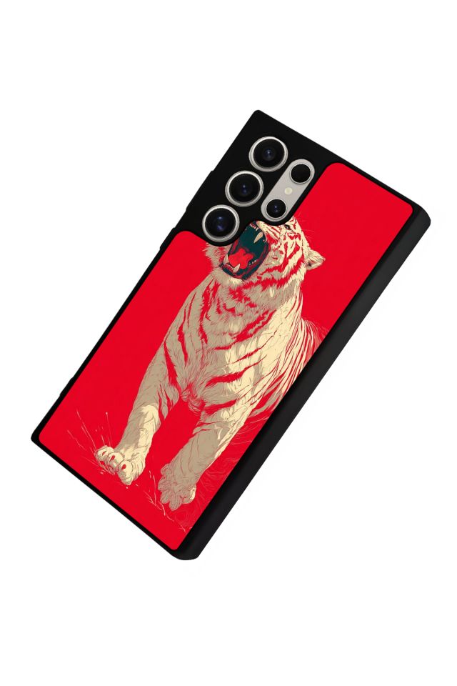 Samsung Galaxy S22 Ultra Uyumlu Kirmizi ve Kaplan Tasarımlı Glossy Premium Kılıf