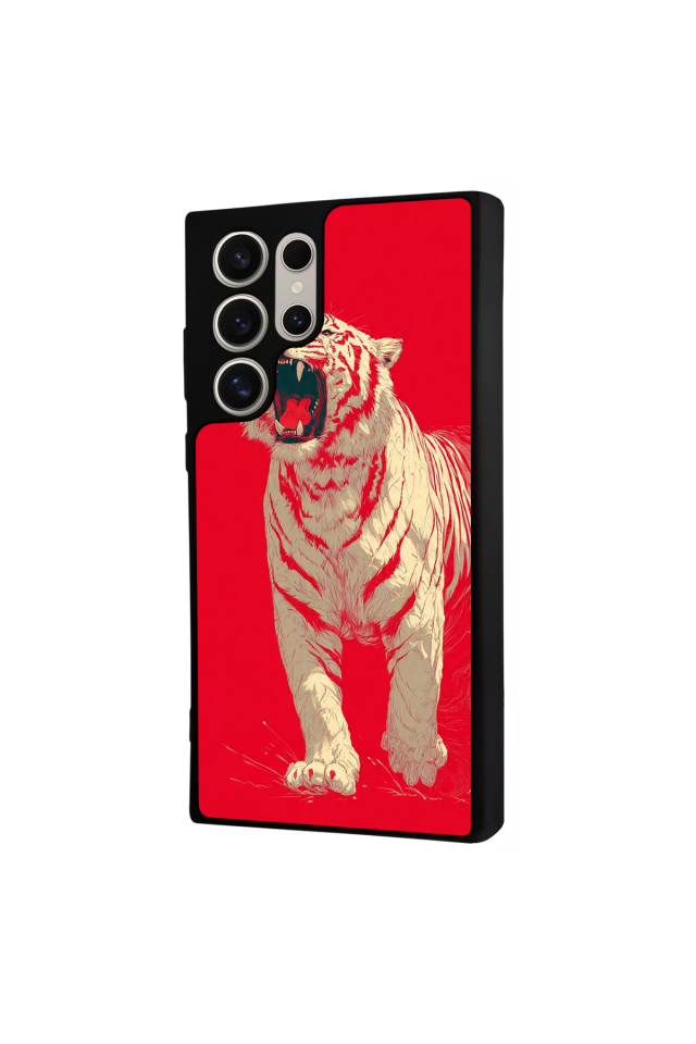 Samsung Galaxy S22 Ultra Uyumlu Kirmizi ve Kaplan Tasarımlı Glossy Premium Kılıf