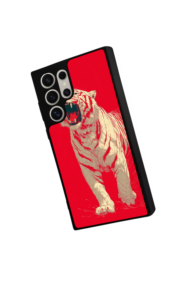 Samsung Galaxy S22 Ultra Uyumlu Kirmizi ve Kaplan Tasarımlı Glossy Premium Kılıf