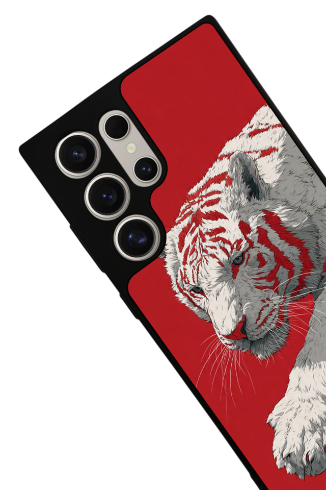 Samsung Galaxy S22 Ultra Uyumlu Kirmizi ve Kaplan Tasarımlı Glossy Premium Kılıf