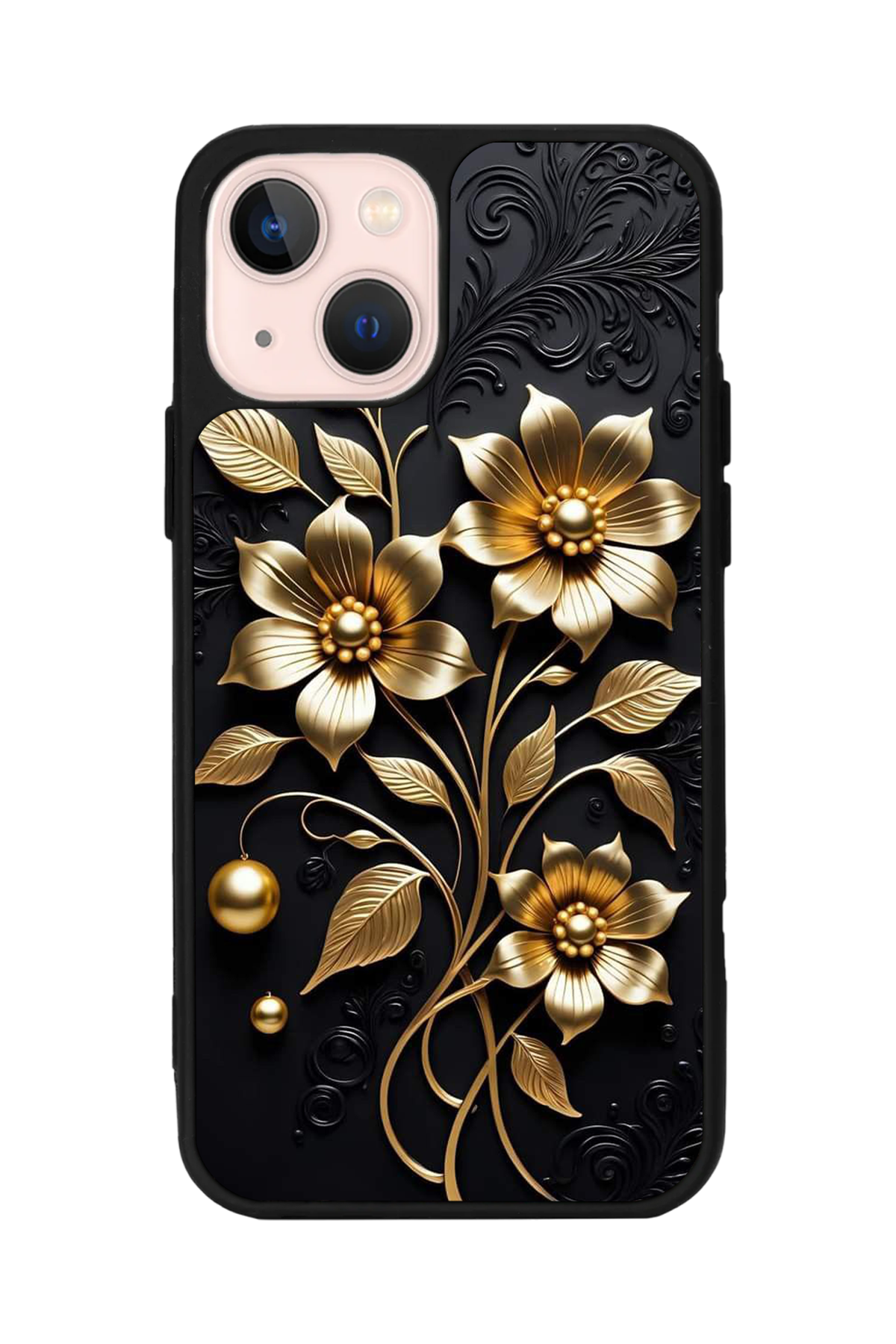 iPhone 14 Plus Uyumlu Yaldizli Cicek Tasarımlı Glossy Premium Kılıf