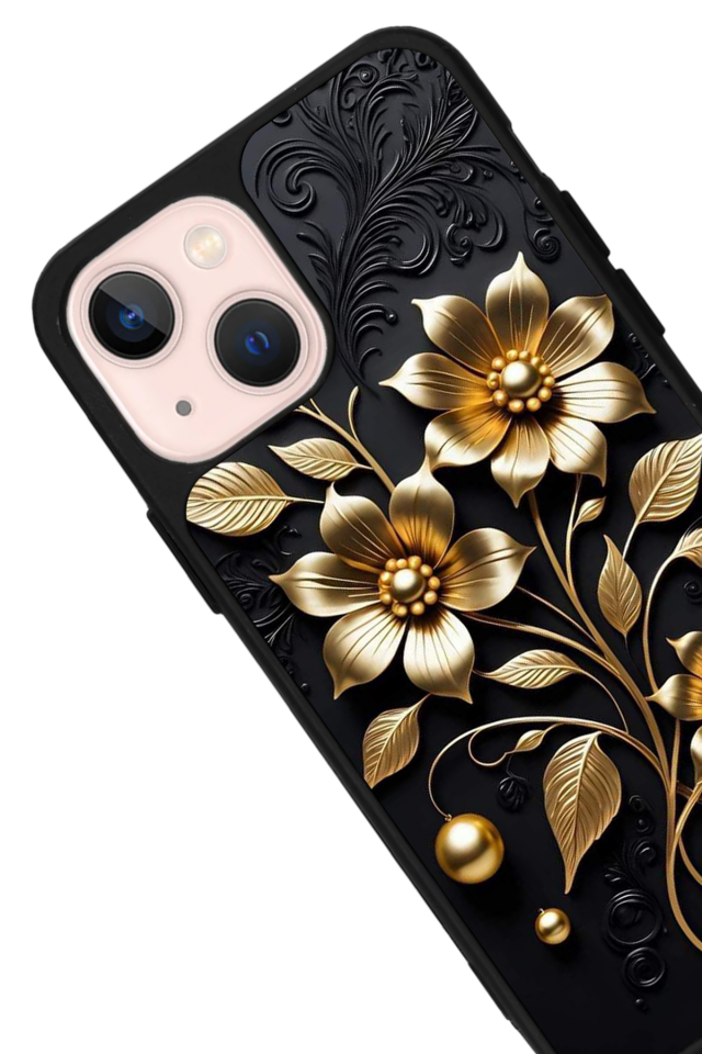 iPhone 14 Plus Uyumlu Yaldizli Cicek Tasarımlı Glossy Premium Kılıf