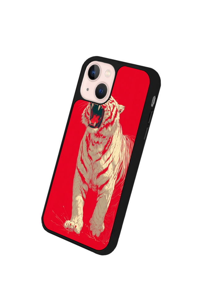 iPhone 14 Plus Uyumlu Kirmizi ve Kaplan Tasarımlı Glossy Premium Kılıf
